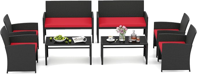 HAPPYGRILL 4 Piece Rattan Wicker Patio Conversation Set, Outdoor Furniture with Chair Loveseat Table & Cushion, for Backyard Porch Balcony (2, Black & Red)