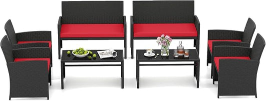 HAPPYGRILL 4 Piece Rattan Wicker Patio Conversation Set, Outdoor Furniture with Chair Loveseat Table & Cushion, for Backyard Porch Balcony (2, Black & Red)