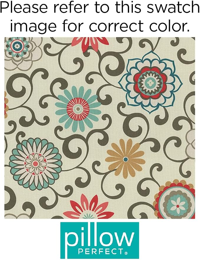 Pillow Perfect Bright Floral Indoor/Outdoor Tufted Wicker Seat Cushion With Ties, 2 Count, 17" x 17.5", Blue/Brown Pom Pom Play