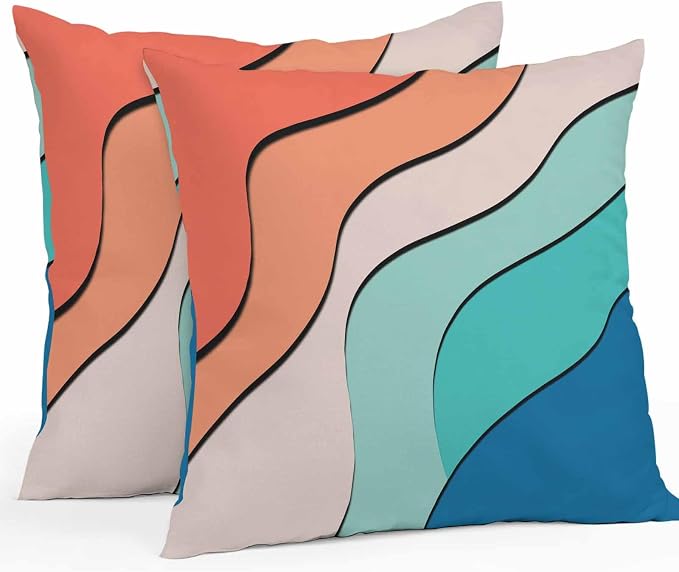 Orange Teal Ombre Outdoor Pillow Covers 24x24 Inch Throw Pillow Covers Set of 2 Waterproof Decorative Pillow Cases Modern Moire Abstract Art Cushion Covers for Patio Furniture Garden Couch Sofa