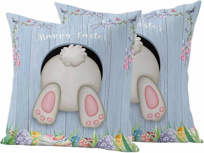 Vandarllin Outdoor Throw Pillows Covers 18X18 Set of 2 Waterproof Bunny Butt Easter Eggs Decorative Zippered Lumbar Cushion Covers for Patio Furniture, Spring Flower Wood Grain
