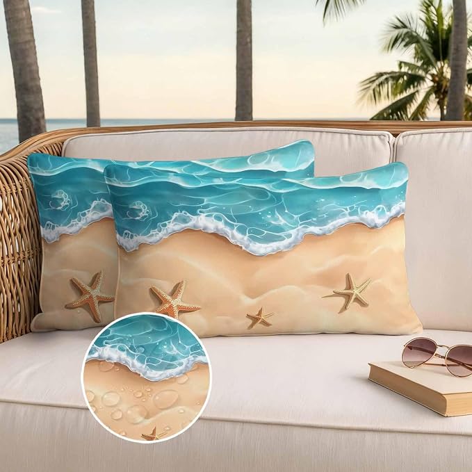 Ocean Beach Waterproof Outdoor Pillow Covers Set of 2 Home Decor, Starfish Sea Waves Coastal Seaside Sand Pillowcase Patio Pillow Covers for Couch Bench Furniture Garden 20x12in
