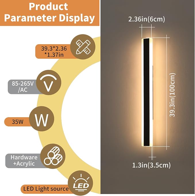 39inch Outdoor Modern Wall Sconces, Dimmable Exterior Wall Mounted Lighting 3 Color 3000K/4500K/6000K, IP65 Waterproof, Minimalist Porch Lights Fixture for Yard Patio Garage with Remote Control