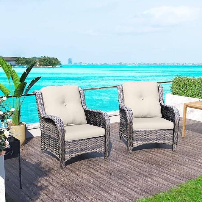 Outdoor Wicker Chair Rattan Patio Dining Chairs Set of 2 PE Wicker Patio Chairs with 3.5 inch Seat Cushions Outdoor Patio Seating Chair for Garden, Backyard Swimming Pool, Balcony, Beige