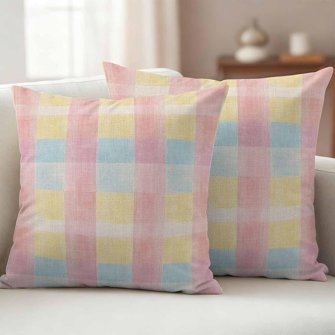 Colorful Plaids Outdoor Waterproof Throw Pillow Covers Set of 2, 16"x16", Pink Blue Yellow Stripes Geometric Rustic Decorative Pillow Covers Outside Cushion Case for Patio Porch Garden