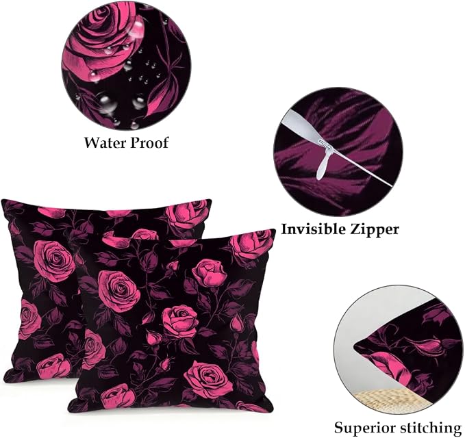 16x16 Inch Outdoor Pillow Covers Set of 2 Waterproof Throw Pillow Covers Decorative Couch Cushion Covers Pink Roses Plant Square Pillowcases Protectors for Patio Garden Sofa