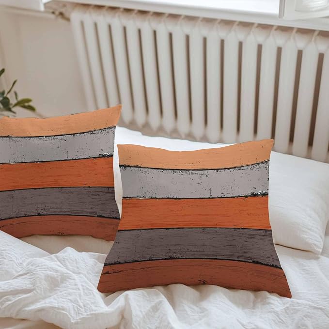 Outdoor Throw Pillow Covers 18X18 Set of 2 Waterproof Ombre Burnt Orange Gray Decorative Zippered Cushion Covers for Patio Furniture, Farmhouse Retro Rustic Barn Wood Texture Lumbar Pillowcases