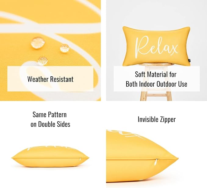 Hofdeco Porch Patio Indoor Outdoor Lumbar Pillow Cover ONLY for Backyard, Couch, Sofa, Yelllow Relax Unwind, 12"x20", Set of 2