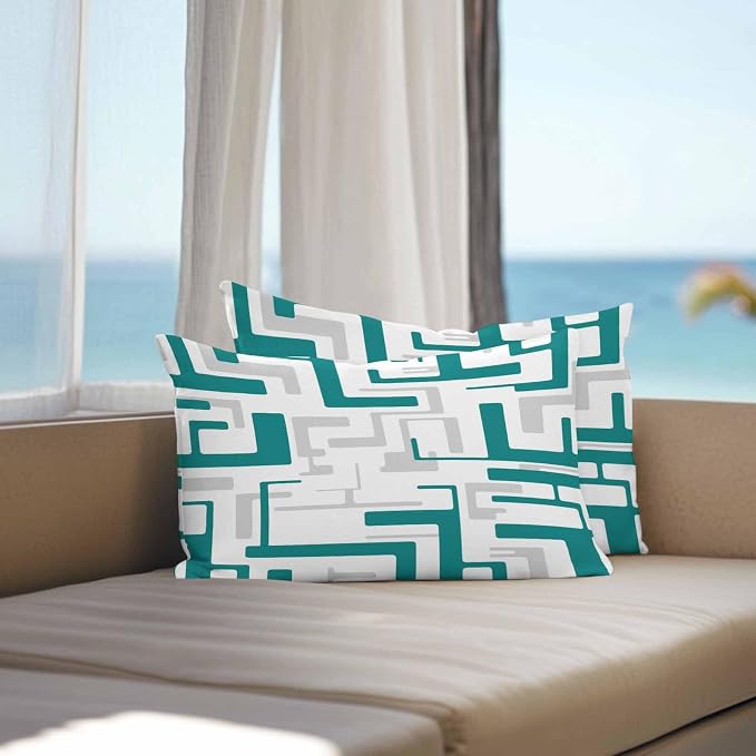 Vandarllin Outdoor Throw Pillows Covers 20x12 inch Set of 2 Waterproof Turquoise Geometric Stripes Decorative Zippered Cushion Covers for Patio Furniture, Modern Abstract Lines Lumbar Pillowcases