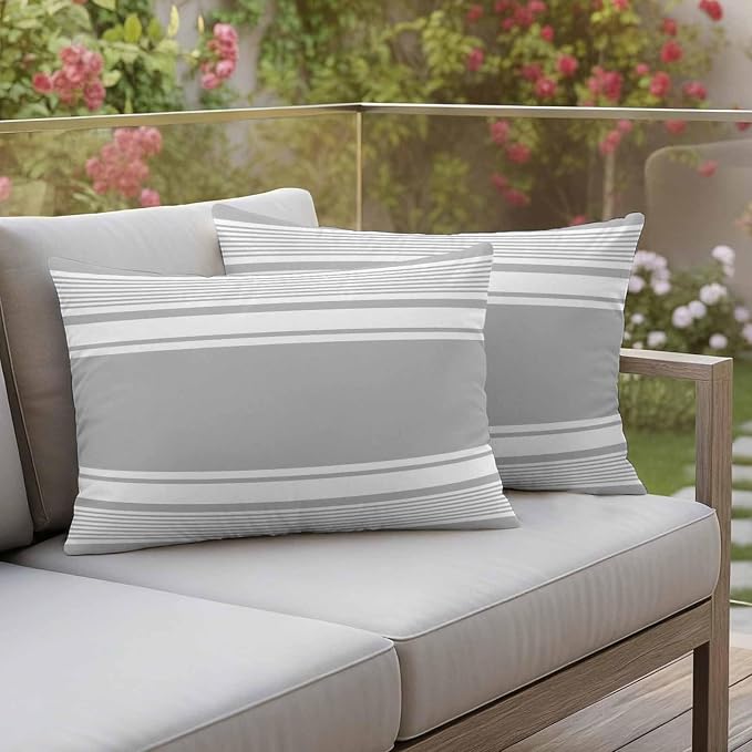 Vandarllin Outdoor Throw Pillows Covers 20x12 inch Set of 2 Waterproof Grey Stripes Decorative Zippered Cushion Covers for Patio Furniture, Striped Lines Lumbar Pillowcases