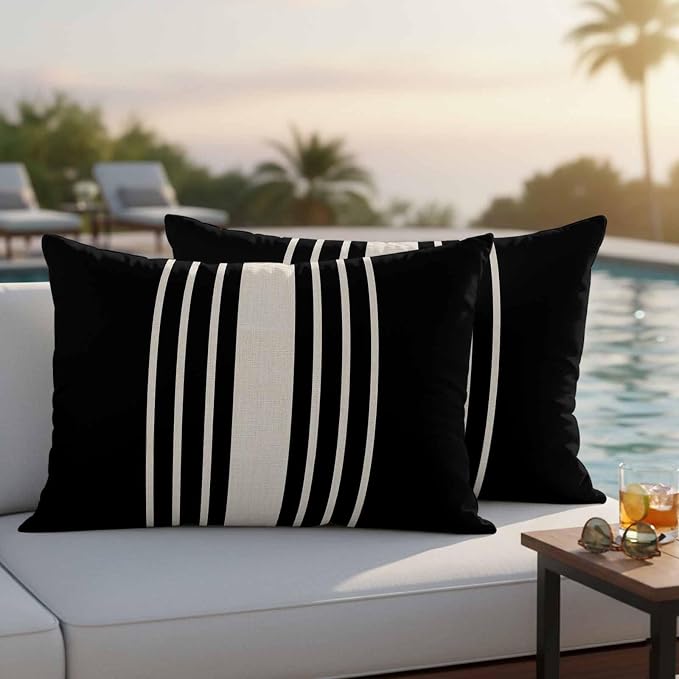 Lumbar Pillow Covers 20x12 Inch Set of 2, Black Beige Striped Waterproof Outdoor Cushion Covers, Modern Farmhouse Retro Lines Decorative Pillowcases for Couch, Sofa, Bed, Garden, Patio