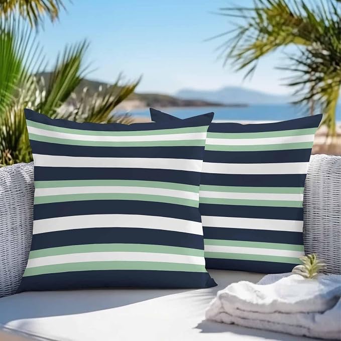Green Navy Blue Striped Outdoor Pillow Covers Waterproof, All Weather Cushion Case Set of 2, Chic Abstract Lines Geometric Decorative Pillowcases for Sofa Couch Bed Decor Patio Furniture 16"x16"