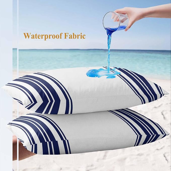 Outdoor Waterproof Throw Pillow Covers Set of 2 Navy Blue Stripes Lumbar Pillowcases 20x12 Inches White Vertical Striped Decorative Pillows Cushion Case Patio Pillows for Couch Bed Chair Garden