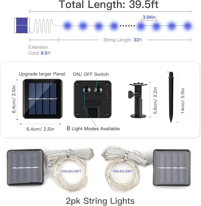 2 Pack 33ft Solar Fairy String Lights Small, 100 Led Blue Solar Fairy Lights Outdoor, 8 Modes Solar Christmas Lights Copper Wire for Trees Garden Patio Yard Deck Fence Party Decorations