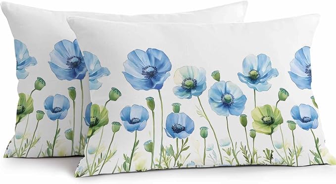 Flower Outdoor Pillow Covers Set of 2,Decorative Watercolor Poppy Floral Waterproof Throw Pillow Case, Garden Botanical Art Linen Soft Cozy Cushion Pillowcases