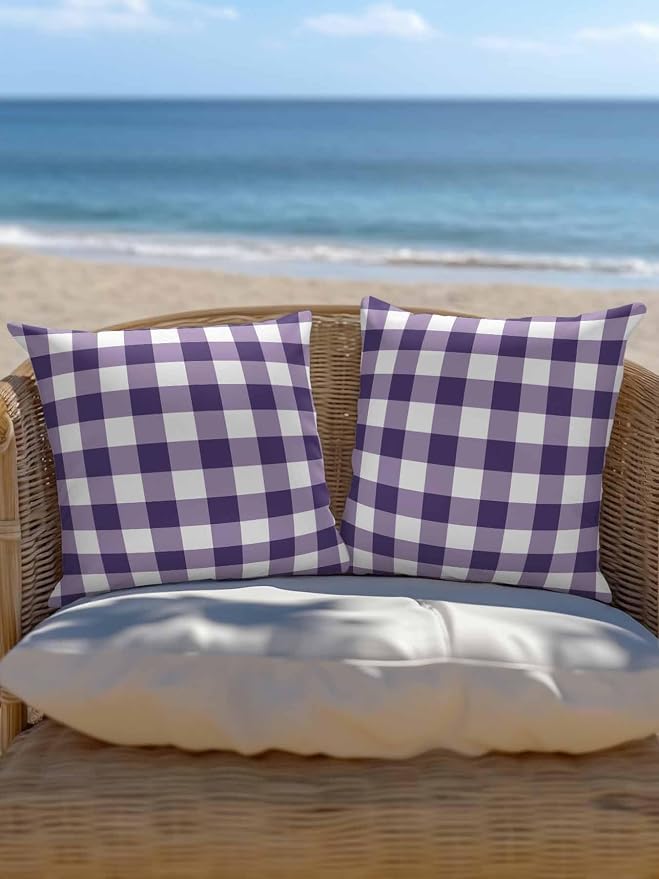 Waterproof Outdoor Pillow Set of 2 Purple Buffalo Plaid Decorative Throw Pillows Cover & Insert 16x16 Inch Pillowcase Check Lines Square Pillows for Couch Sofa Bed Patio Furniture Indoor Outdoor