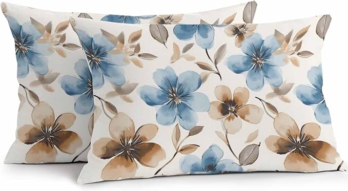 Garden Outdoor Pillow Covers Set of 2,Decorative Spring Blossom Flower Waterproof Throw Pillow Case, Watercolor Floral Leaves Linen Soft Cozy Cushion Pillowcases