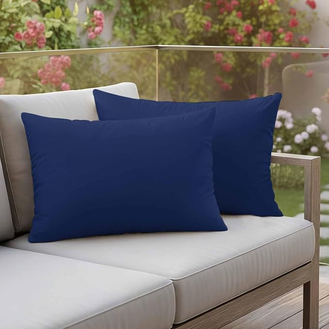 Lumbar Pillow Covers 12 x 20 Inches, Navy Blue Pure Color Waterproof Throw Pillow Cover Set of 2, Aesthetics Contemporary Luxury Decorative Rectangle Cushion Covers for Patio/Couch/Garden