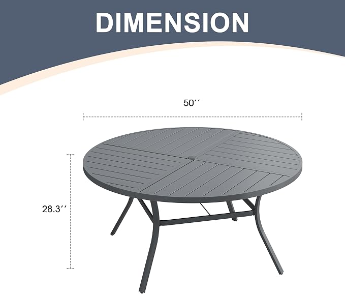 VICLLAX 50" Round Patio Dining Table for 6, All Weather Metal Outdoor Table with 1.57" Umbrella Hole and Surdy Frame for Garden Lawn Deck, Dark Grey
