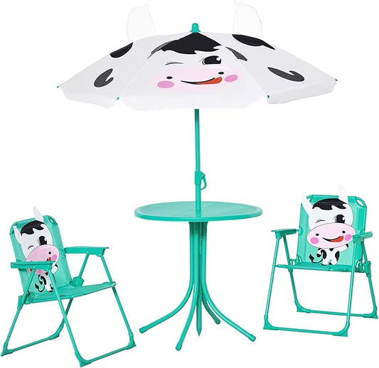 Outsunny Kids Table and Chair Set, Outdoor Folding Garden Furniture, Picnic Table for Patio Backyard, with Removable & Height Adjustable Sun Umbrella, White