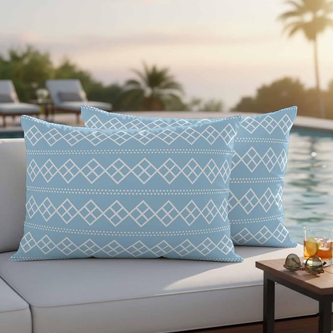 Blue Boho Outdoor Pillow Covers 20x12 Inch Lumbar Pillow Covers Set of 2 Waterproof Decorative Throw Pillow Cases Vintage Ethnic Tribe Abstract Art Geometric Cushion Covers for Patio Furniture Garden