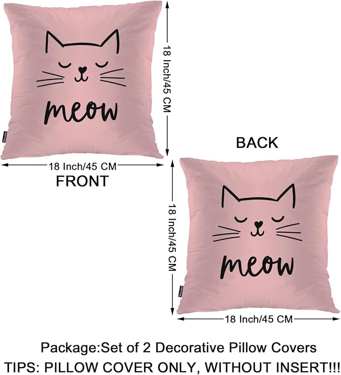 Swono Cat Throw Pillow Covers, Cute Kitten Cat Meow Set of 2 Pillow Cases Decorative 18 X 18 Inches, Soft Cushion Cover Pillowcases for Bedroom, Living Room, Cushion Sofa, Pink