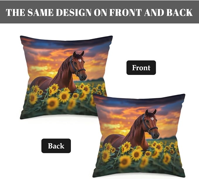 22x22 Inch Outdoor Pillow Covers Set of 2 Waterproof Throw Pillow Covers Decorative Couch Cushion Covers Brown Horse Sunflower Square Pillowcases Protectors for Patio Garden Sofa