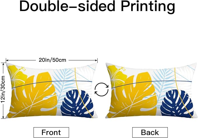 OTOSTAR Outdoor Waterproof Throw Pillow Covers 12x20 Inch Set of 2 Double-Sided Yellow Blue Tropical Leaf and Flower Spring Summer Decorative Pillow Cases for Patio Funiture Garden Tent Balcony Couch
