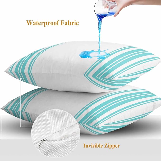 Outdoor Waterproof Throw Pillow Covers Set of 2 Turquoise Stripes Pillowcases 18x18 Inches White Vertical Striped Decorative Pillows Cushion Case Patio Pillows for Couch Bed Chair Garden