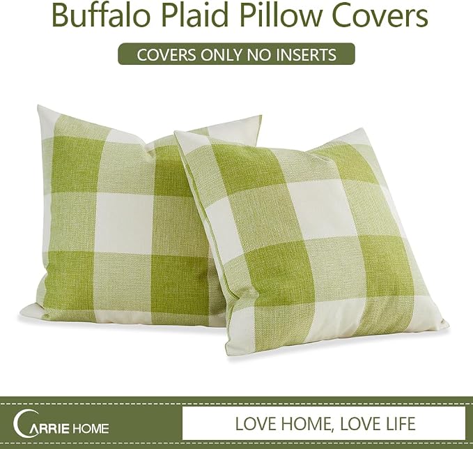 CARRIE HOME Spring Outdoor Green Plaid Pillow Covers 18x18 Set of 2, Green Farmhouse Buffalo Plaid Throw Pillows, Spring Outdoor Front Porch Decor Gingham Pillow Covers (No Pillow Inserts)