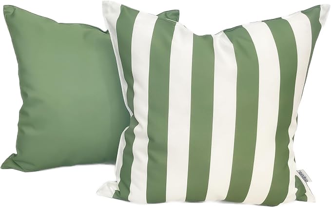 Pack of 2 Outdoor 20''x20'' Waterproof Light Green Striped Throw Pillow Covers Decorative Square Cushion Patio Pillows for Patio Furniture (Loden Frost)