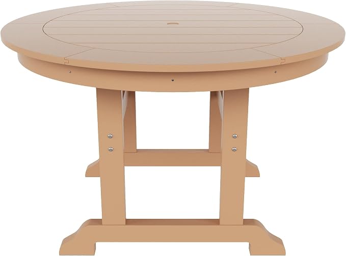 WestinTrends Malibu Patio Dining Table, All Weather Poly Lumber Adirondack 47" Trestle Round Outdoor Table with Umbrella Hole, Teak
