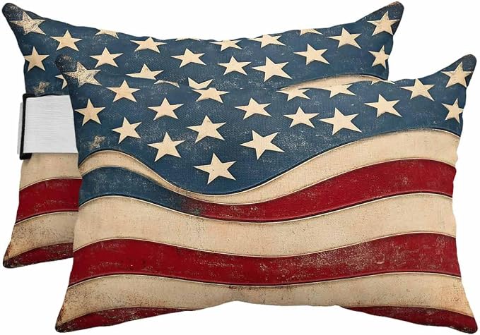 Pack of 2 Outdoor Lumbar Pillow Covers 12x20 Inch, Vintage American Flag Waterproof Throw Pillow Covers Set, Blue Red White Star US Flag Indoor&Outdoor Decorative Cushion Cases for Patio Porch Beach