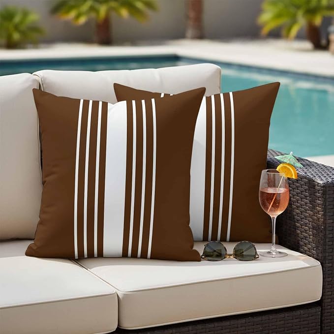 Brown White Stripe Outdoor Pillow Covers 16x16 Inch Throw Pillow Covers Set of 2 Waterproof Decorative Pillow Cases Modern Rustic Vertical Striped Cushion Covers for Patio Furniture Garden Couch Sofa