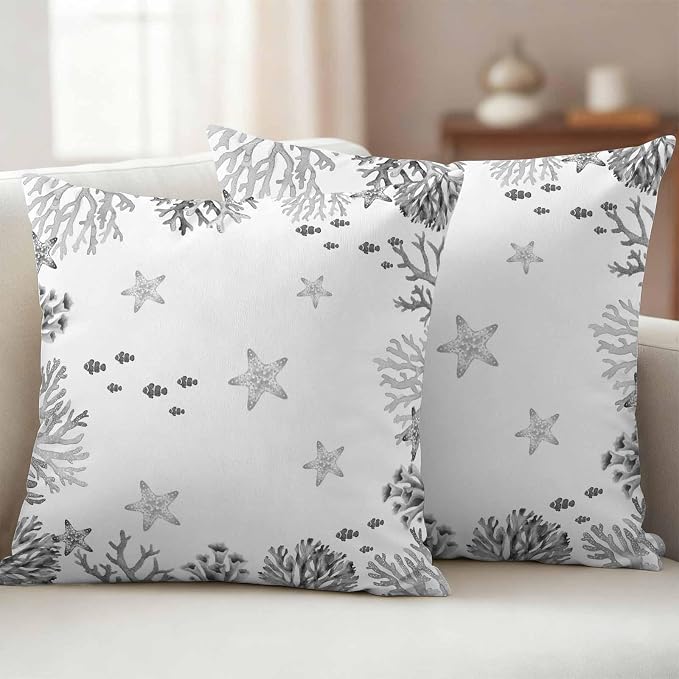 Summer Ocean Grey Coral Outdoor Waterproof Throw Pillow Covers Set of 2, 18"x18", Nautical Sea Watercolor Fish Starfish Decorative Pillow Covers Outside Cushion Case for Patio Porch Garden