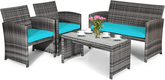 HAPPYGRILL 4 Pieces Patio Conversation Set with Soft Cushions Rattan Furniture Set with PE Wicker Coffee Table & Sofa Chairs for Garden Poolside Porch Backyard