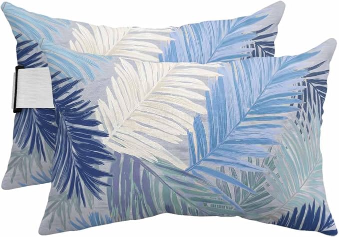 Outdoor Pillows Waterproof Covers Set of 2, Royal Blue Palm Leaves Adjustable Elastic Chaise Lounge Head Resting Pillows, Tropical Leaf Plant Lumbar Pillow for Pool Beach Patio Furniture 20x12 Inch