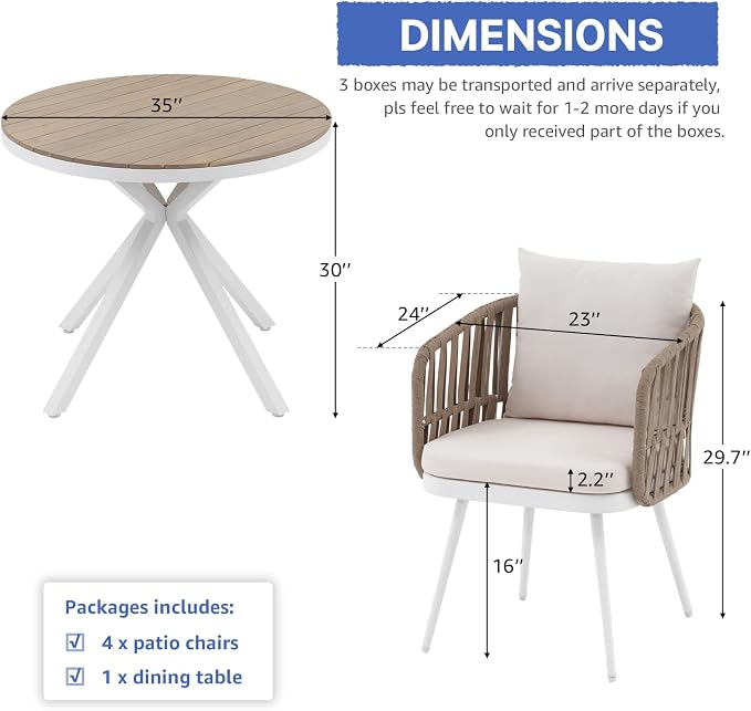 SUNSITT 5 Piece Outdoor Dining Set, Metal Patio Furniture Dining Set with Acacia Wood Top Dining Table and 4 Woven Rope Patio Chairs w/Cushions for Yard, Garden, White