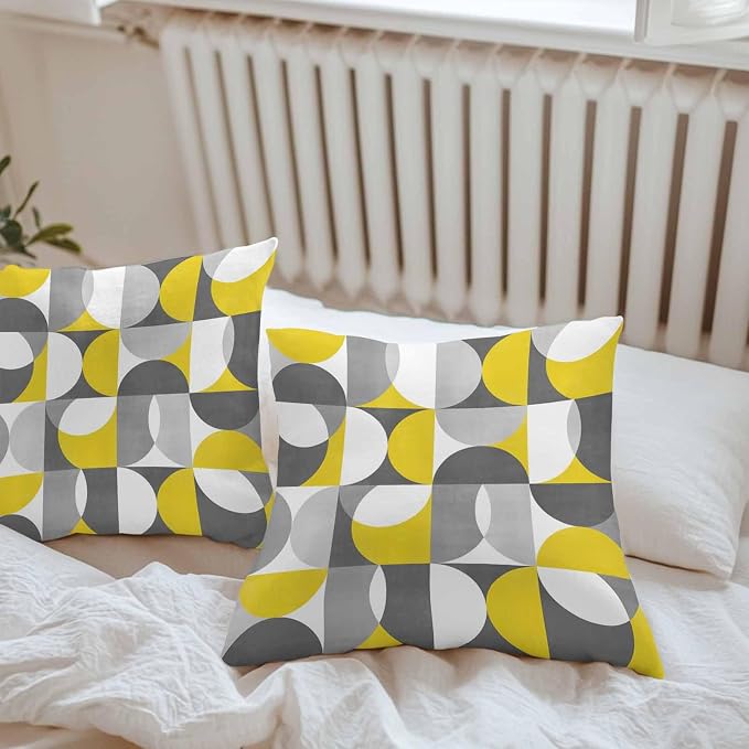 Vandarllin Outdoor Throw Pillows Covers 24x24 inch Set of 2 Waterproof Mid Century Geometric Decorative Zippered Cushion Covers for Patio Furniture, Abstract Modern Yellow Gray Lumbar Pillowcases