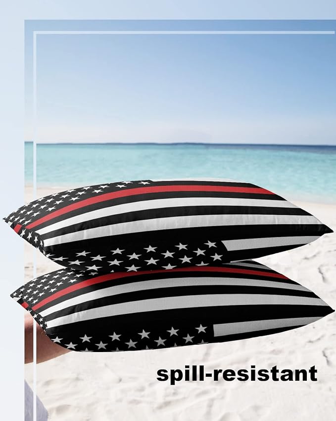 Outdoor Waterproof Pillow Covers Set of 2, Thin Red Line Flags American Firefighter Red Stripes Flag Patio Throw Pillow Covers, Decorative Cushion Case for Couch Sofa Furniture Garden, 20x12 Inch