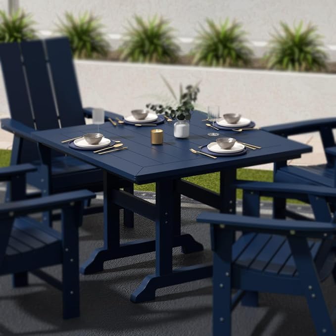 WestinTrends Malibu Outdoor Dining Table, All Weather Poly Lumber Adirondack 43" Trestle Square Patio Table with Umbrella Hole, Navy Blue