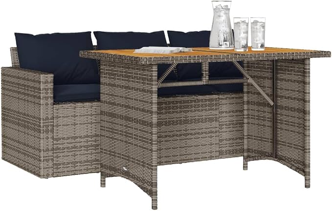 2 Piece Patio Dining Set Gray Poly Rattan with Cushions | Acacia Wood Tabletop, Powder-Coated Steel Frame, Removable Washable Cushion Covers