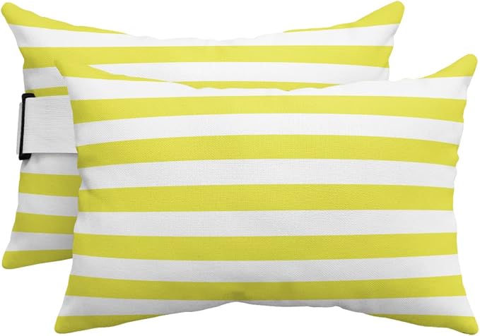 T&H XHome Outdoor Pillow for Chaise Lounge Chair, Yellow and White Stripes Waterproof Headrest Pillow Lumbar Pillows with Adjustable Elastic Strap for Beach, Poolside, Patio, Office (2 Pack)