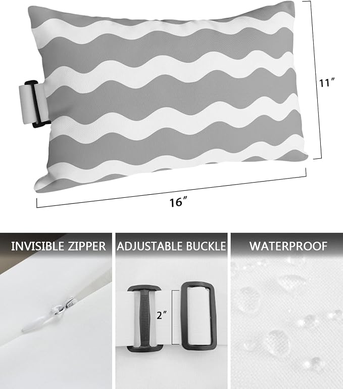 Outdoor Pillows Covers with Inserts Grey Wavy Stripes Waterproof Recliner Pillow with Adjustable Strap Throw Pillows for Patio Furniture Pool Lounge Chair, 11x16 inch, 1PCS