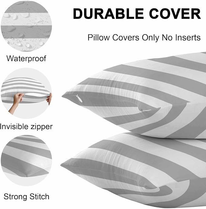 Outdoor Waterproof Throw Pillow Covers Set of 2 Grey White Stripe Lumbar Pillowcases 20x12 Inches Simple Style Striped Decorative Pillows Cushion Case Patio Pillows for Couch Bed Chair Garden