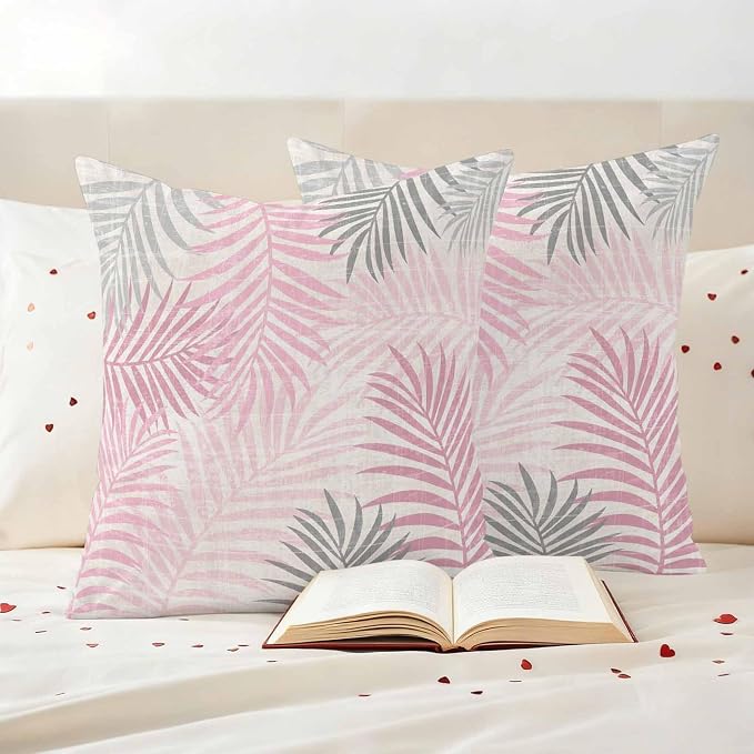 Outdoor Waterproof Throw Pillow Covers, Pink Grey Palm Leaves Decorative Pillow Cases, Summer Botanical Tropical Leaf Couch Pillow Protector Patio Sofa Cushion Covers Replacement 18"x18" 2 Pack
