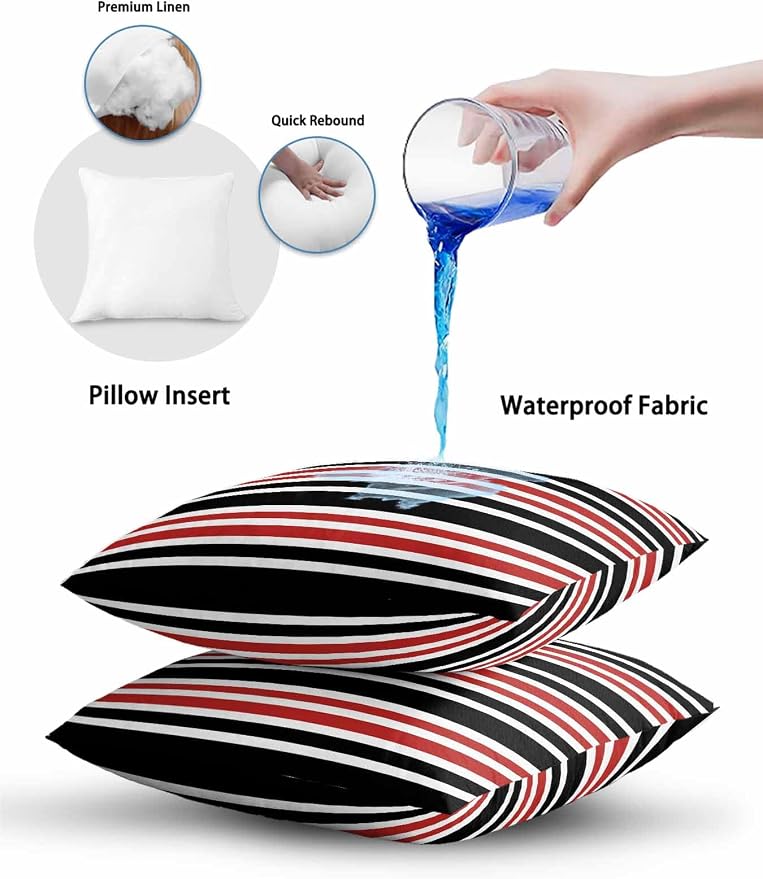 Outdoor Waterproof Throw Pillows Black Red Contrast Monochromatic Tones Patio Pillows,Decorative Pillow Covers with Insert,Pillow Cushion Case for Garden Couch Sofa Geometric Line
