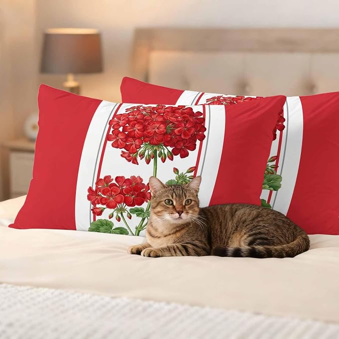 Outdoor Waterproof Pillow Covers Spring Summer Flowers Geranium Decorative Throw Pillow Protectors,Red Geometric Striped Pillowcase Cushion Cases for Patio Sofa Garden Couch,20x12in,Pack of 2