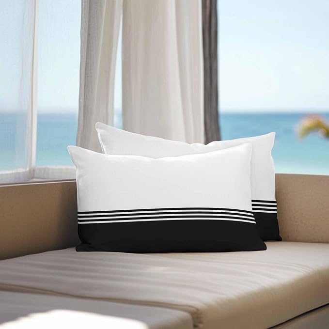 Lumbar Pillow Covers 20x12 Inch Set of 2, Black White Striped Waterproof Outdoor Cushion Covers, Modern Abstract Art Aesthetics Decorative Pillowcases for Couch, Sofa, Bed, Garden, Patio