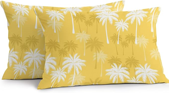 Lumbar Pillow Covers 20x12 Inch Set of 2, Tropical Palm Tree Waterproof Outdoor Pillow Covers, Yellow White Plants Coastal Leaf Beach Decorative Cushion Pillowcases for Couch, Sofa, Bed, Garden, Patio